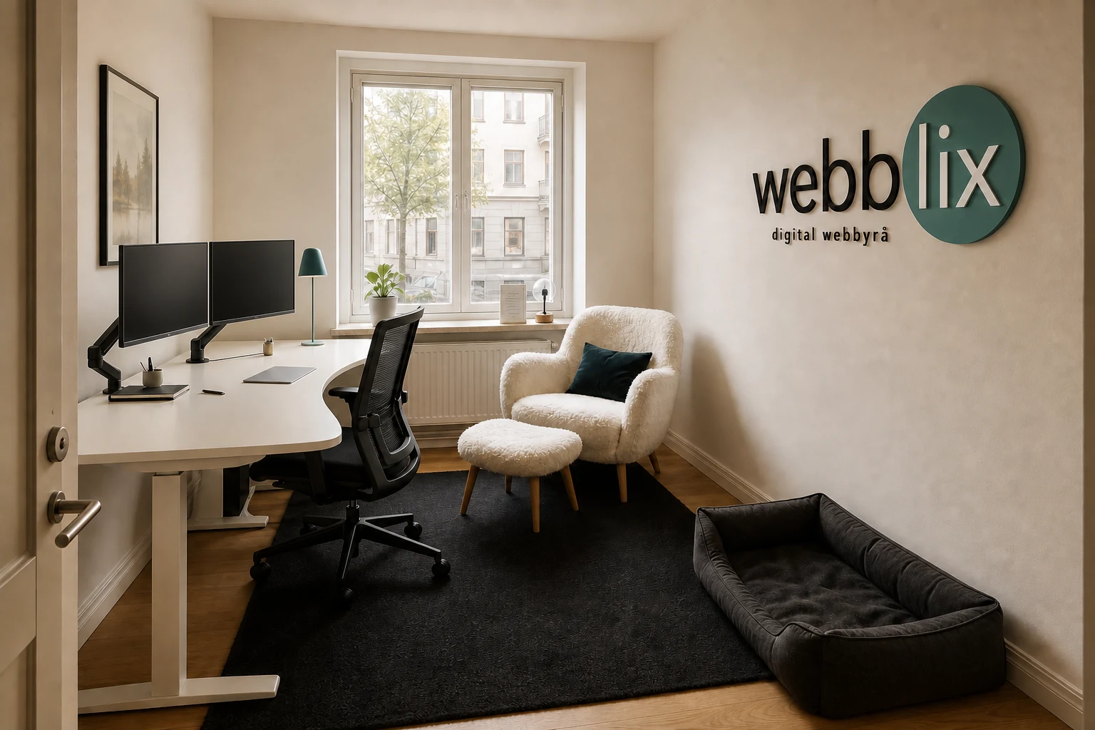Webblix kontor med arbetsplatser och företagets logotyp på väggen