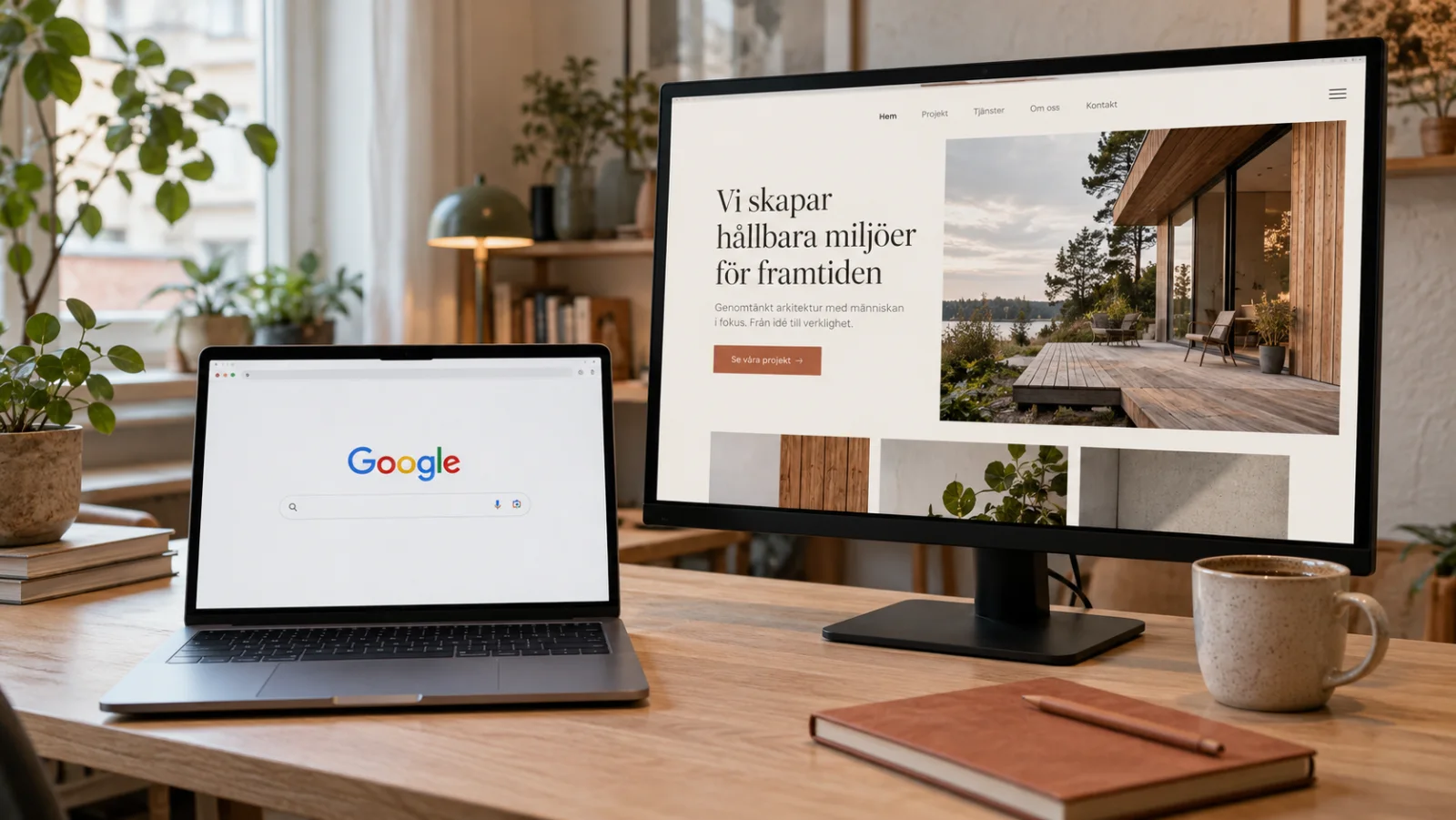 Google på en bärbar dator bredvid en skärm med en ny företagshemsida i en ljus arbetsmiljö.