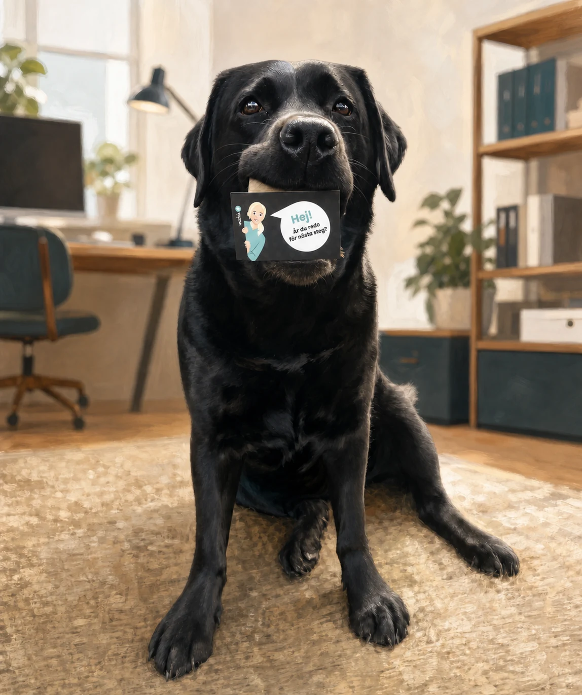 Målad illustration av den svarta labradoren Ines med ett Webblix-kort i munnen, sittande på ett kontor