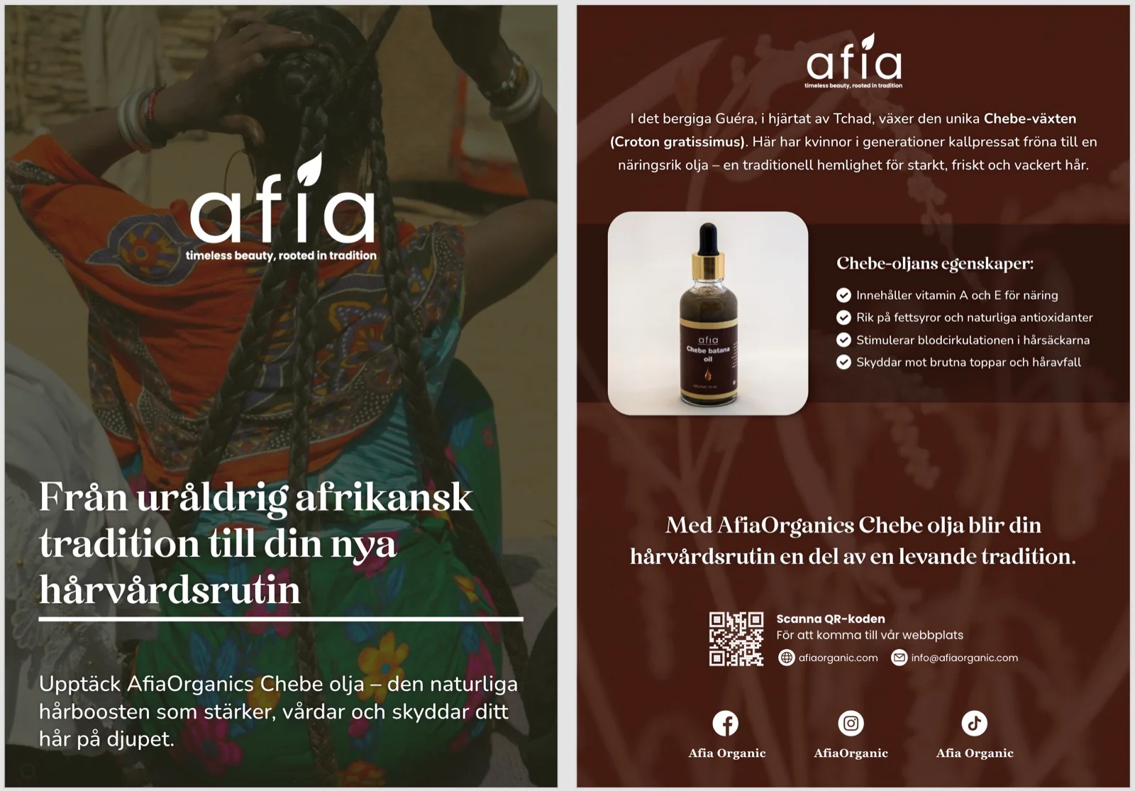 Grafiskt informationsmaterial för Afia Organic med logotyp, produkt och varumärkesberättelse