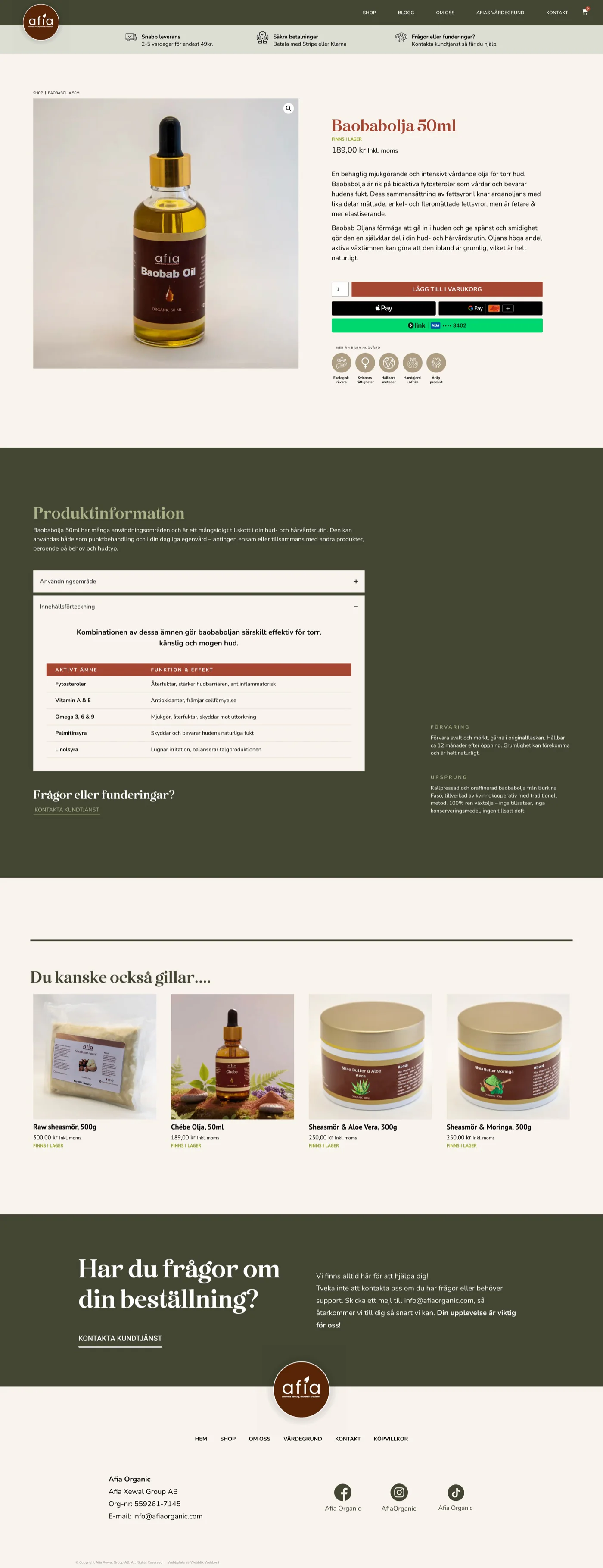 Produktpresentation i Afia Organics e-handel