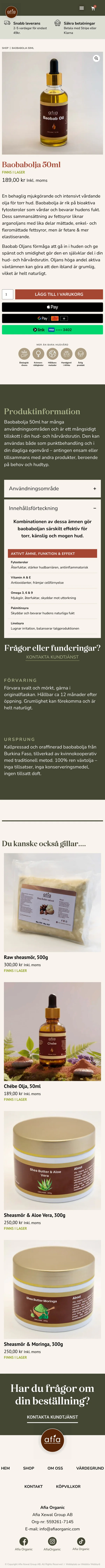 Mobilversion av Afia Organics produktsida