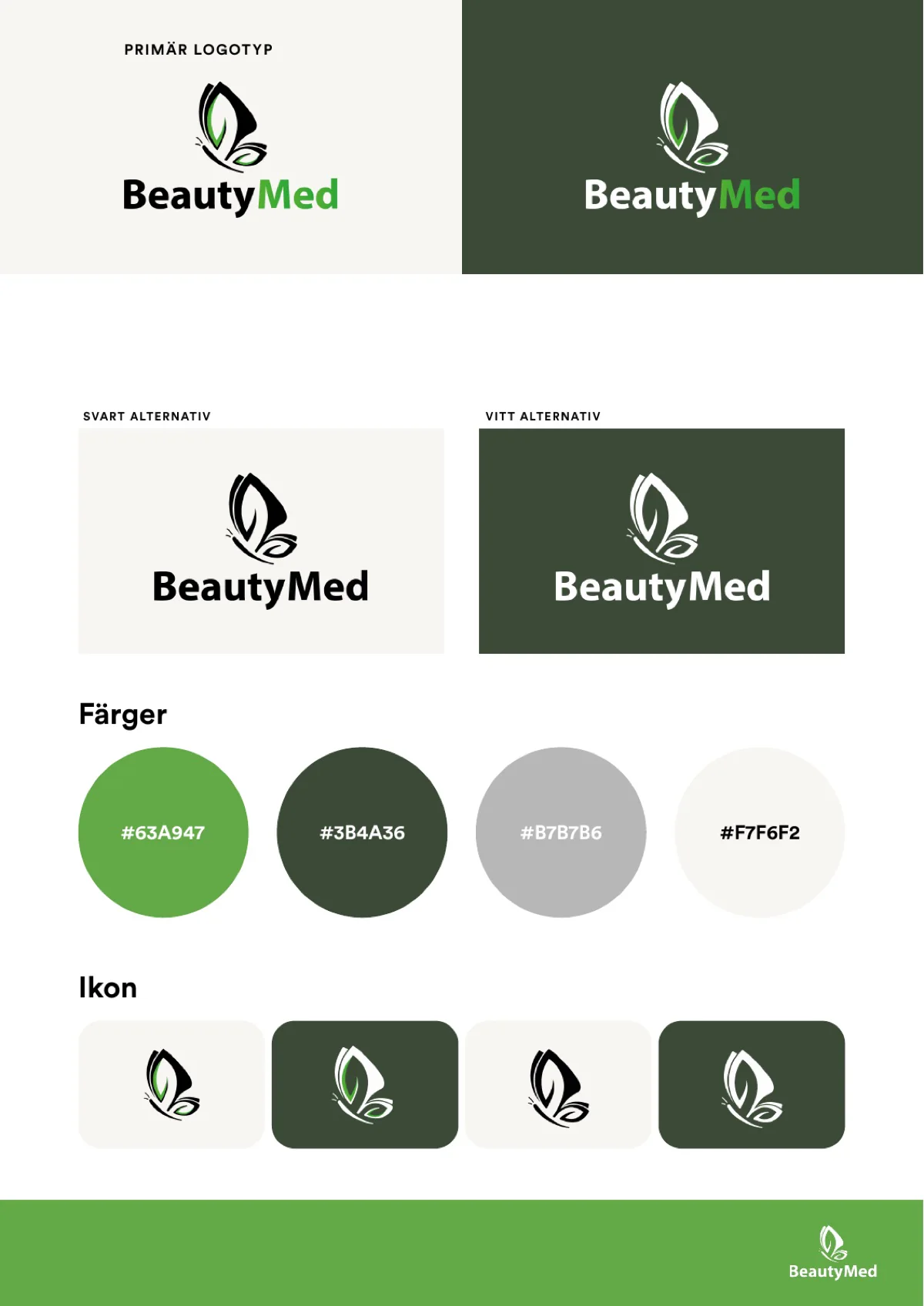 BeautyMeds brandguide med logotypvarianter, symboler och färgpalett