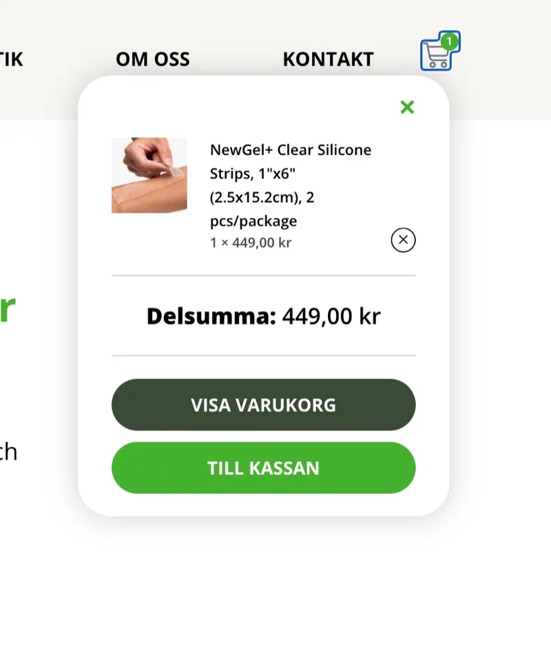 BeautyMeds varukorg med val att visa varukorg eller gå till kassan