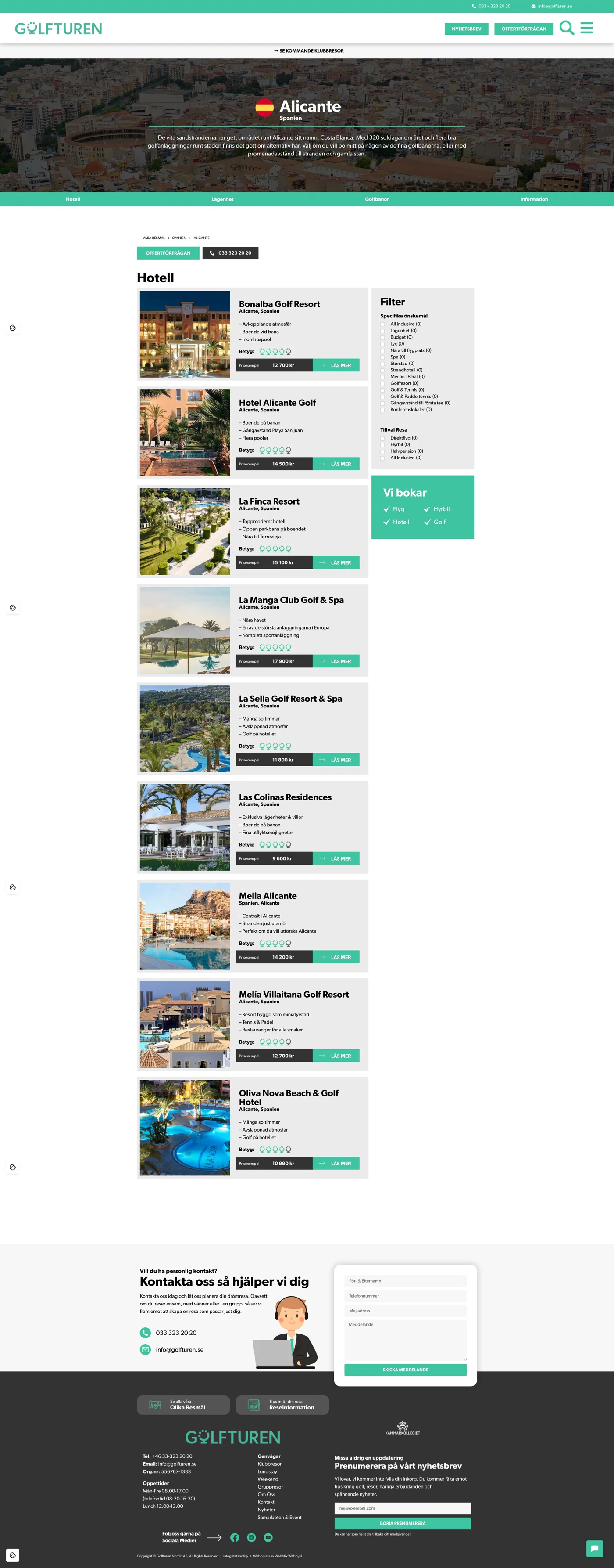 Golfturens destinationssida för Alicante med hotell och filtrering