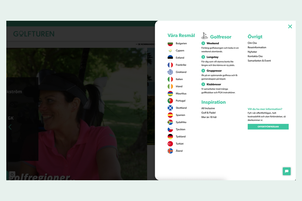 Golfturens reseplattform med destinationer, hotell, golfbanor och personlig reseplanering