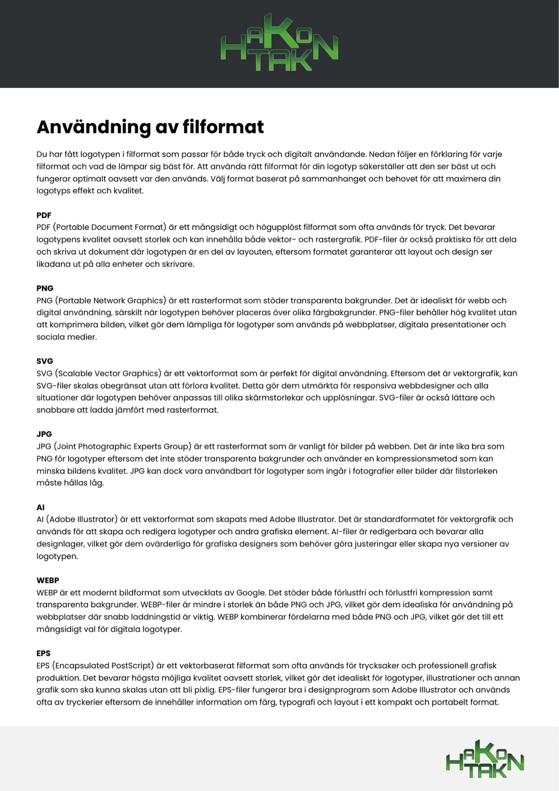 Filguide med Hakon Taks logotyp och förklaring av levererade filformat