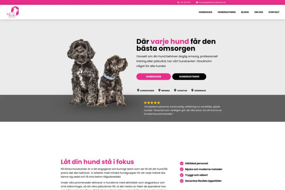Klicka Hundcenters webbplats med hunddagis, hundrastning, trygghetsinformation och intresseanmälan
