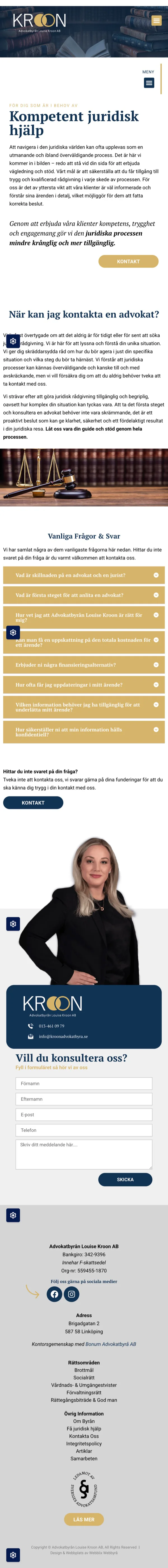 Mobilversion av Advokatbyrån Louise Kroons sida om juridisk hjälp