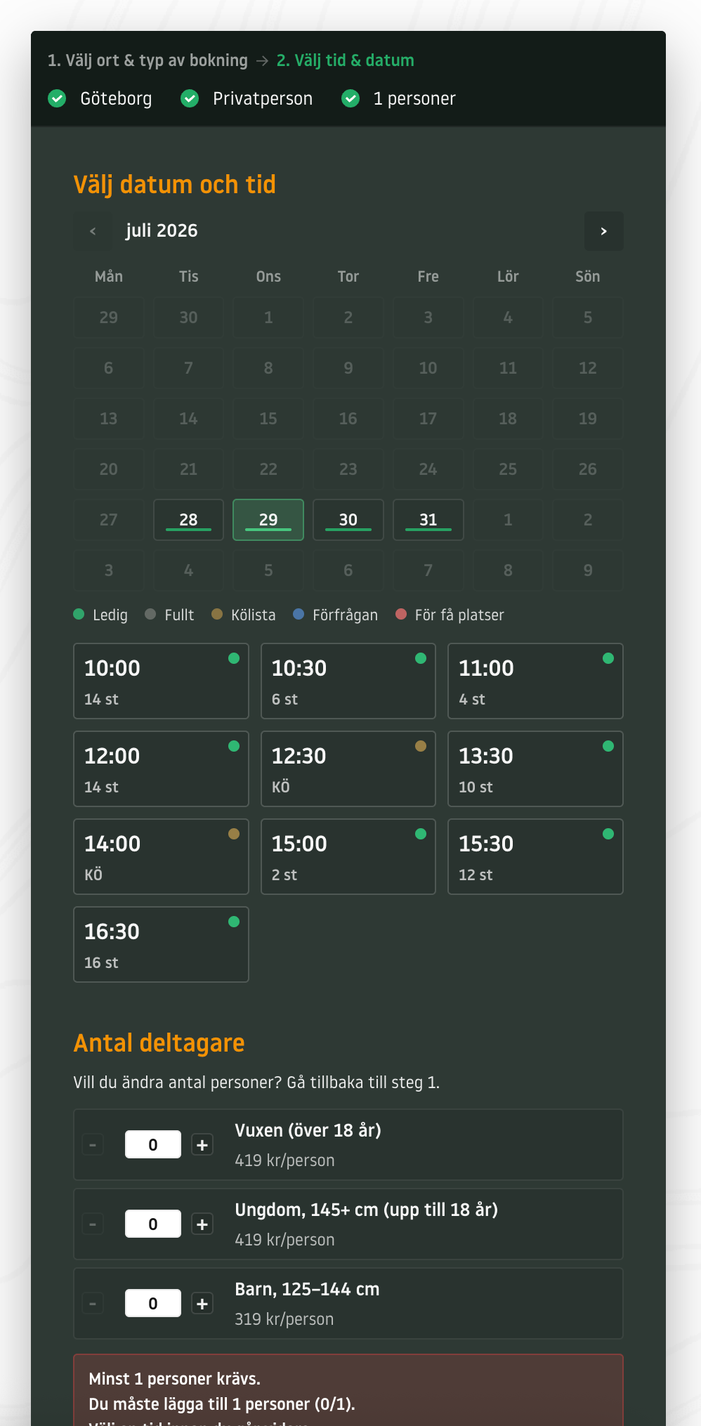 Bokningsflöde med datum, tider och deltagare