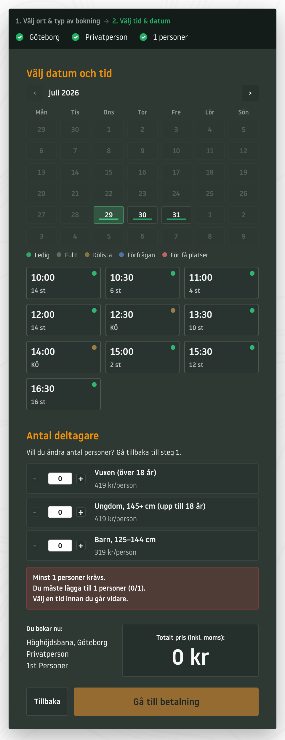 Upzones bokningsflöde med kalender, lediga tider och val av deltagare