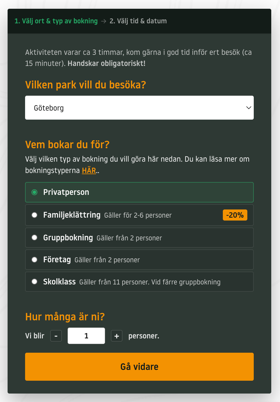 Bokningsflödets val av park, bokningstyp och antal deltagare