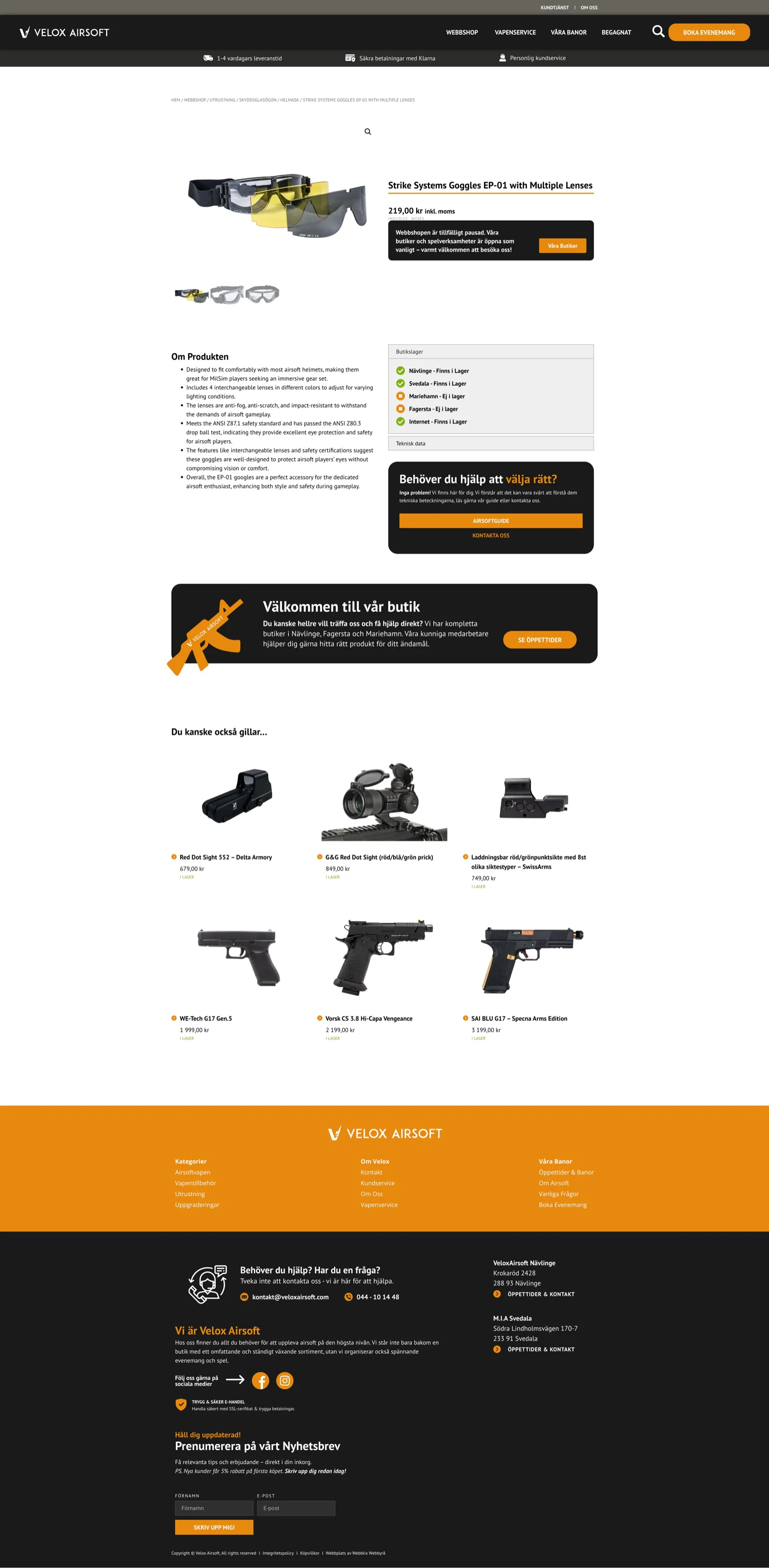 Velox Airsofts produktsida med produktdata, butikslager och relaterade produkter